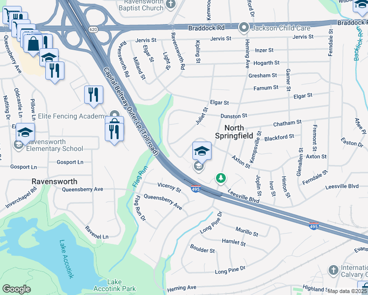 map of restaurants, bars, coffee shops, grocery stores, and more near 7530 Axton Street in Springfield
