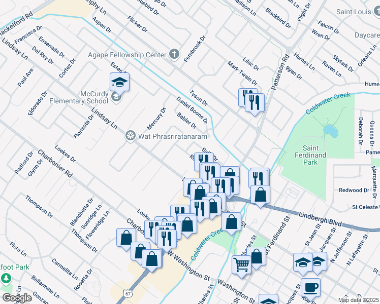map of restaurants, bars, coffee shops, grocery stores, and more near 155 Ruth Drive in Florissant