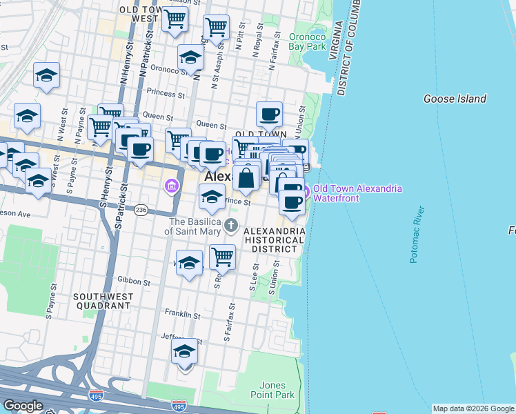 map of restaurants, bars, coffee shops, grocery stores, and more near 210 Prince Street in Alexandria