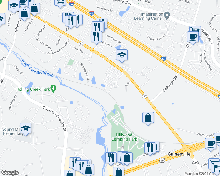 map of restaurants, bars, coffee shops, grocery stores, and more near 7198 Little Thames Drive in Gainesville