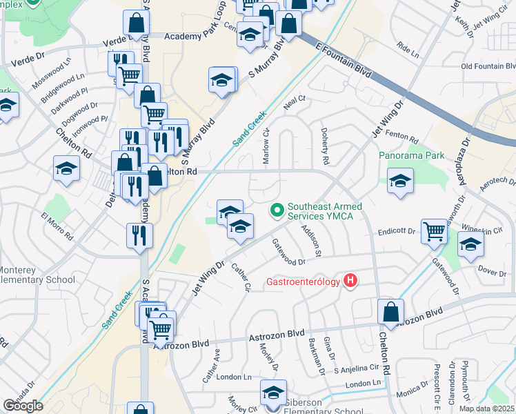 map of restaurants, bars, coffee shops, grocery stores, and more near 4243 Hunting Meadows Circle in Colorado Springs