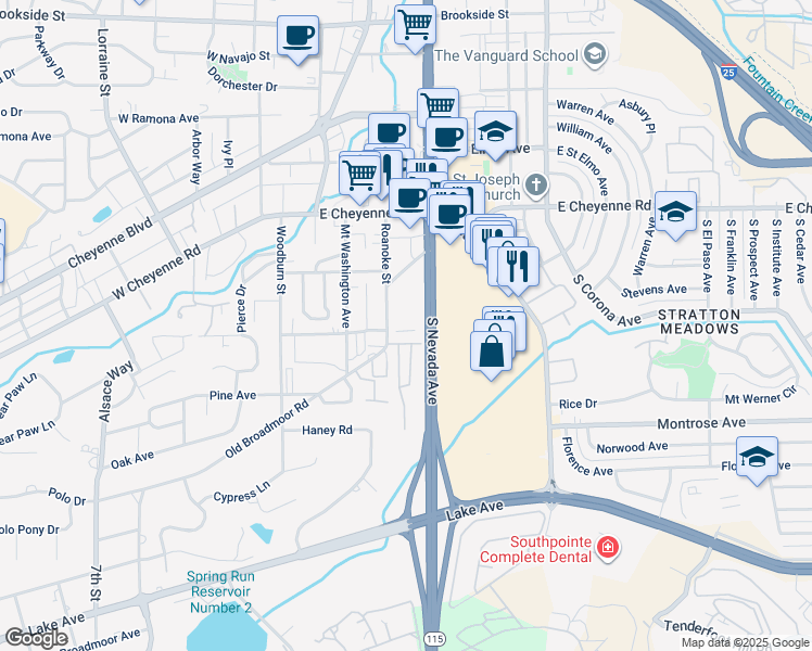 map of restaurants, bars, coffee shops, grocery stores, and more near 2045 Roanoke Street in Colorado Springs