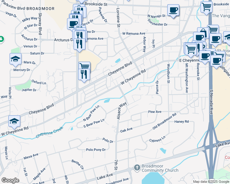 map of restaurants, bars, coffee shops, grocery stores, and more near 506 West Cheyenne Road in Colorado Springs