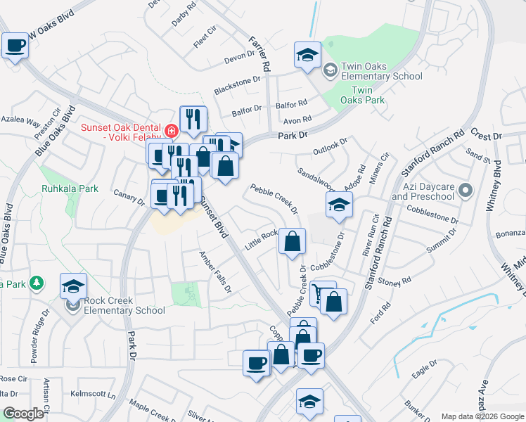 map of restaurants, bars, coffee shops, grocery stores, and more near 3024 Strand Road in Rocklin