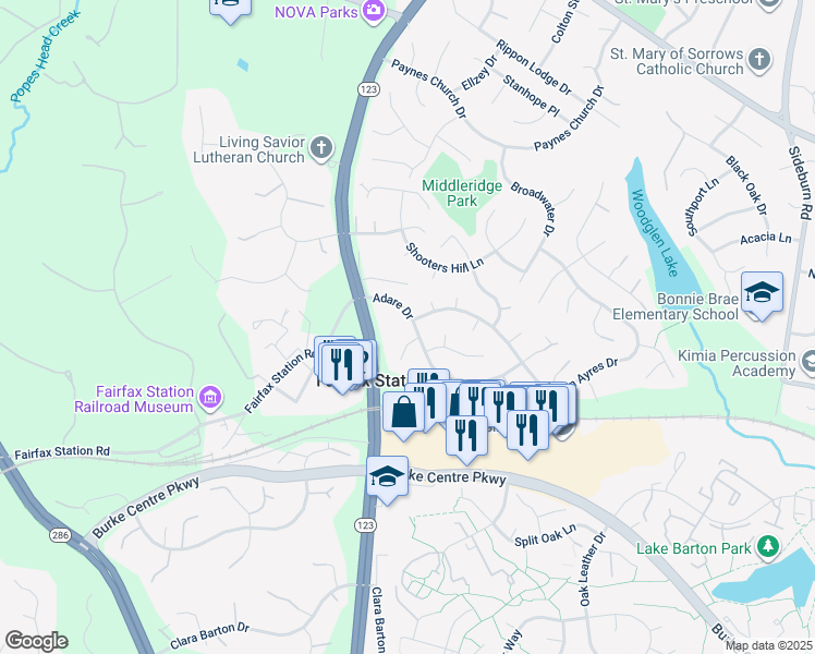 map of restaurants, bars, coffee shops, grocery stores, and more near 10947 Adare Drive in Fairfax