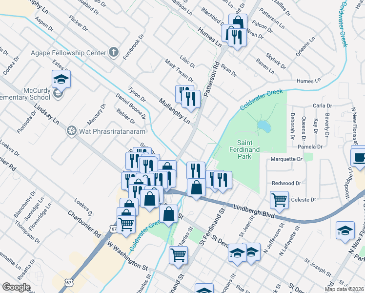 map of restaurants, bars, coffee shops, grocery stores, and more near 1500 Patterson Road in Florissant
