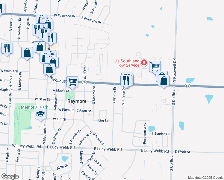 map of restaurants, bars, coffee shops, grocery stores, and more near 309 East Walnut Street in Raymore