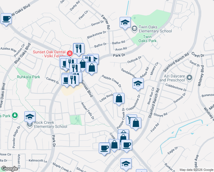 map of restaurants, bars, coffee shops, grocery stores, and more near 3024 Strand Road in Rocklin