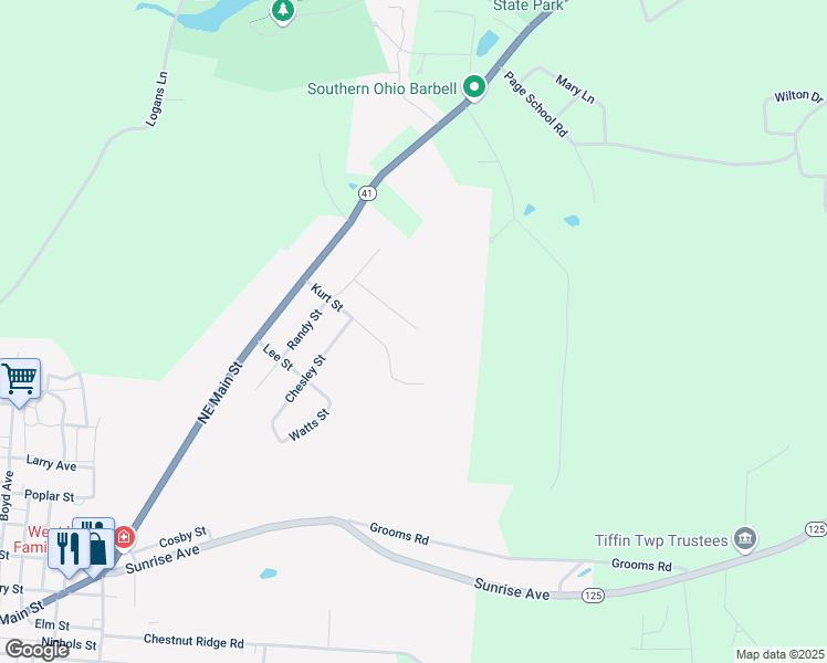 map of restaurants, bars, coffee shops, grocery stores, and more near 166 Ballard Street in West Union