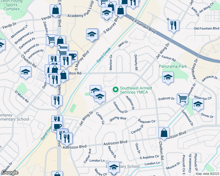 map of restaurants, bars, coffee shops, grocery stores, and more near 4307 Hunting Meadows Circle in Colorado Springs
