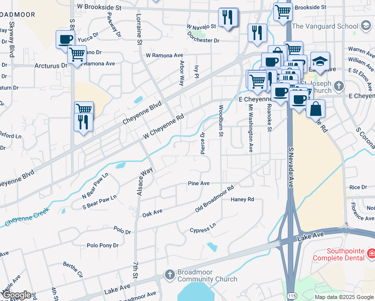 map of restaurants, bars, coffee shops, grocery stores, and more near 162 Creekside Lane in Colorado Springs