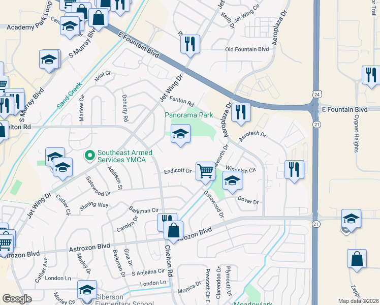 map of restaurants, bars, coffee shops, grocery stores, and more near 2145 South Chelton Road in Colorado Springs