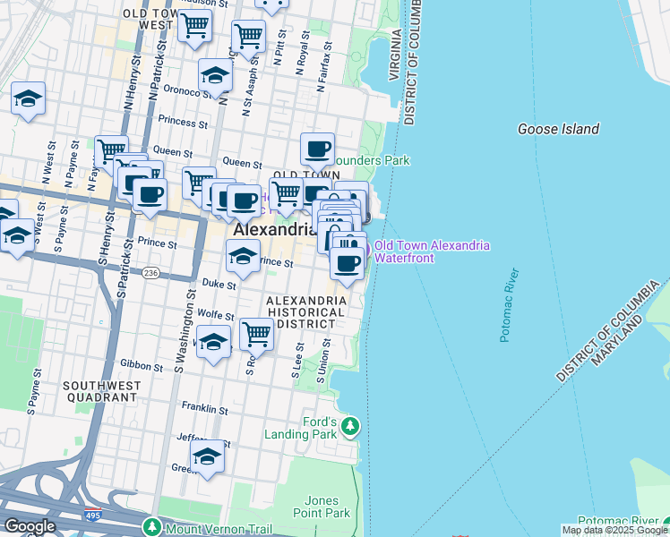 map of restaurants, bars, coffee shops, grocery stores, and more near 103 Prince Street in Alexandria
