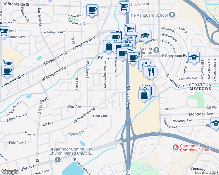 map of restaurants, bars, coffee shops, grocery stores, and more near 10 Sommerlyn Road in Colorado Springs