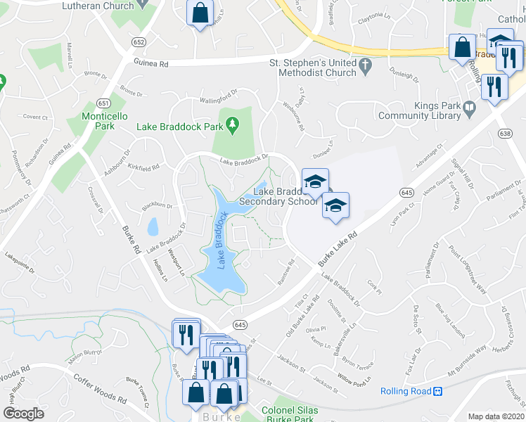 map of restaurants, bars, coffee shops, grocery stores, and more near 5444 Mersea Court in Burke