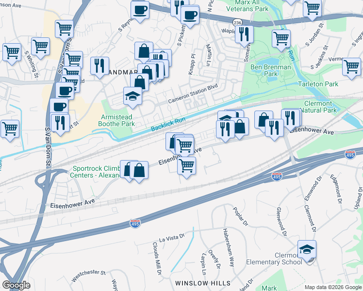 map of restaurants, bars, coffee shops, grocery stores, and more near 5001 Eisenhower Avenue in Alexandria