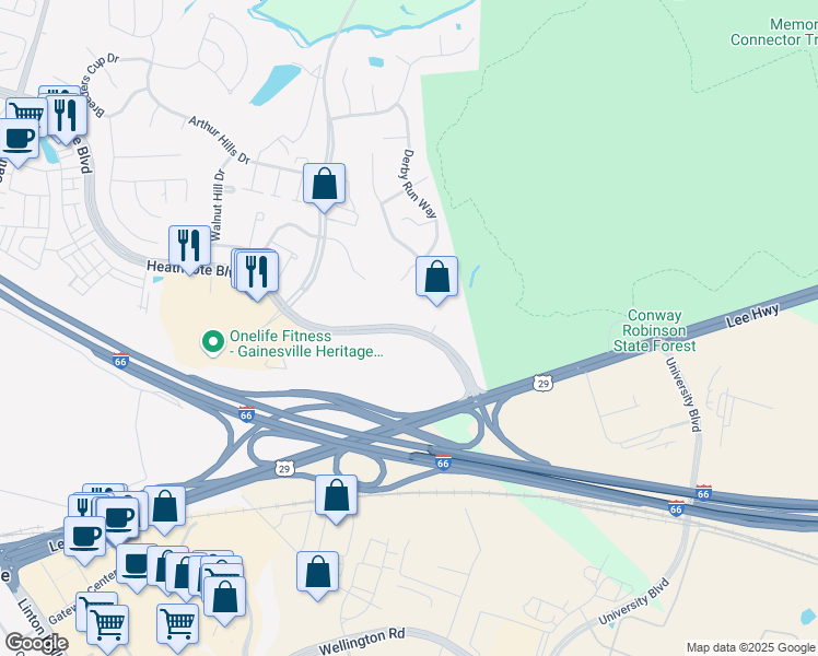 map of restaurants, bars, coffee shops, grocery stores, and more near 13562 Heathcote Boulevard in Gainesville