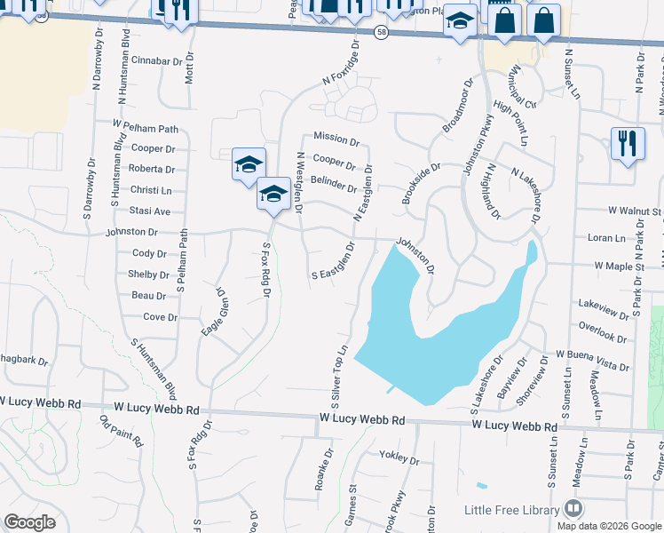map of restaurants, bars, coffee shops, grocery stores, and more near 1303 Aberdeen Circle in Raymore