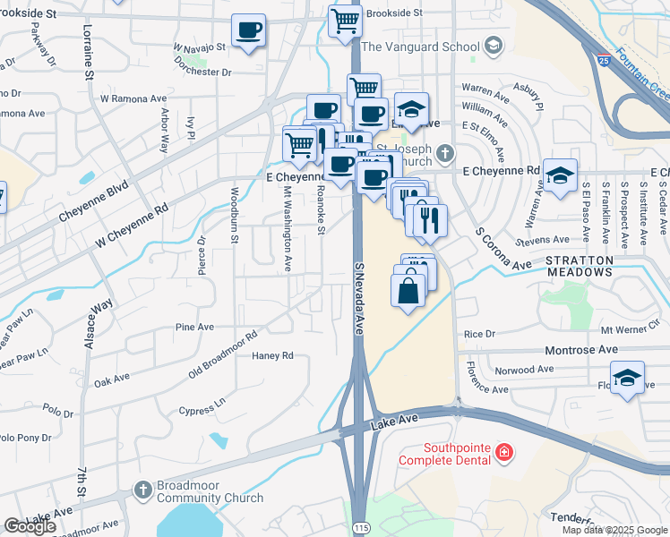 map of restaurants, bars, coffee shops, grocery stores, and more near 2045 Roanoke Street in Colorado Springs