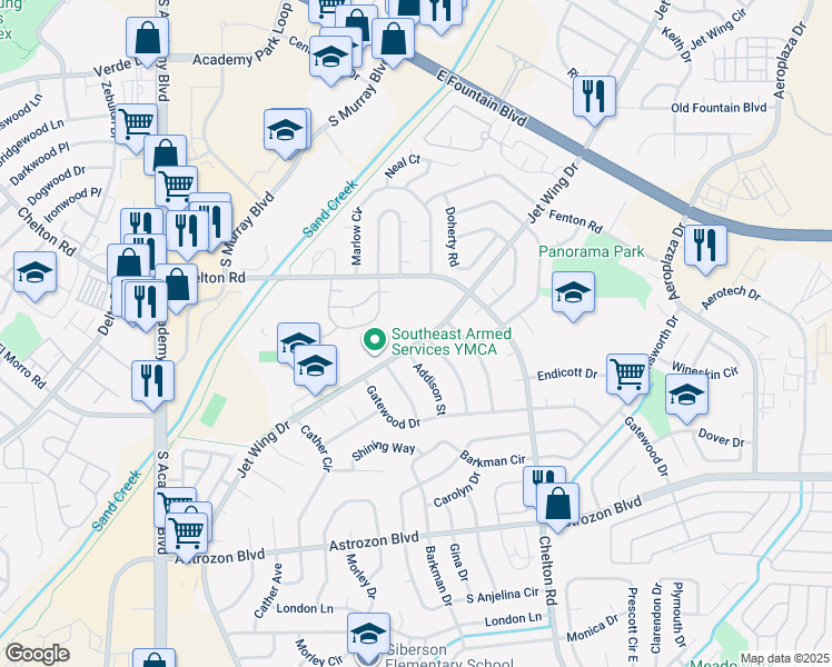 map of restaurants, bars, coffee shops, grocery stores, and more near 2170 Jet Wing Drive in Colorado Springs