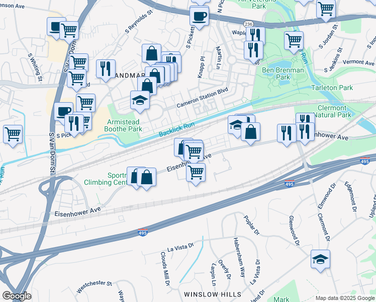 map of restaurants, bars, coffee shops, grocery stores, and more near 5001 Eisenhower Avenue in Alexandria
