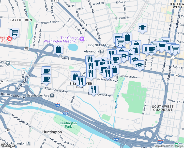 map of restaurants, bars, coffee shops, grocery stores, and more near 401 Dulany Street in Alexandria