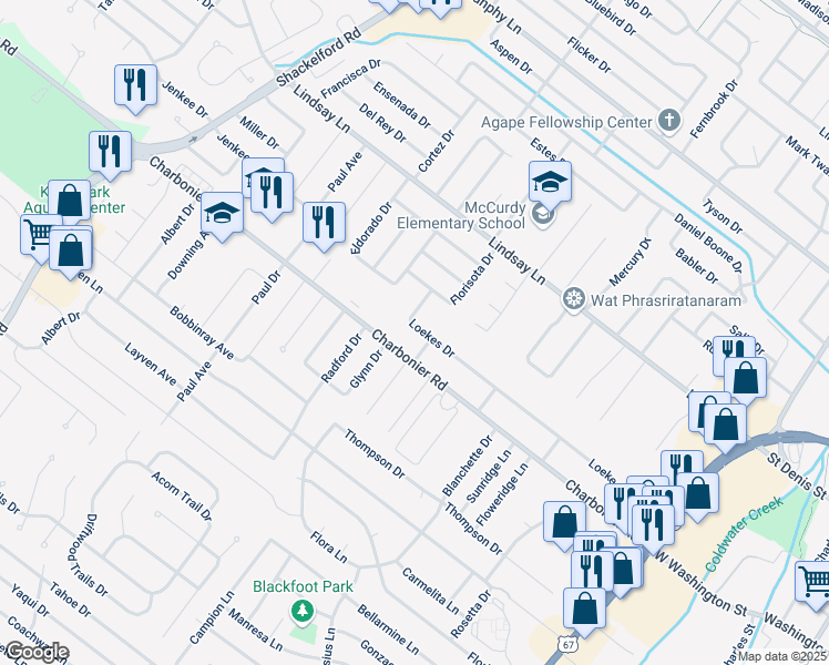 map of restaurants, bars, coffee shops, grocery stores, and more near 1012 Loekes Drive in Florissant