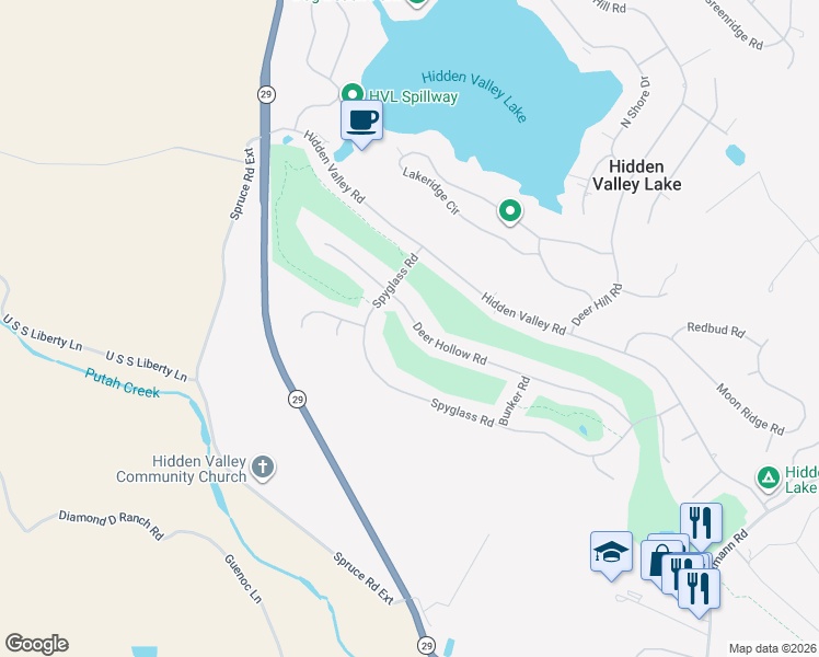 map of restaurants, bars, coffee shops, grocery stores, and more near 18406 Deer Hollow Road in Hidden Valley Lake