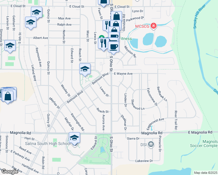 map of restaurants, bars, coffee shops, grocery stores, and more near 2142 Oxford Drive in Salina