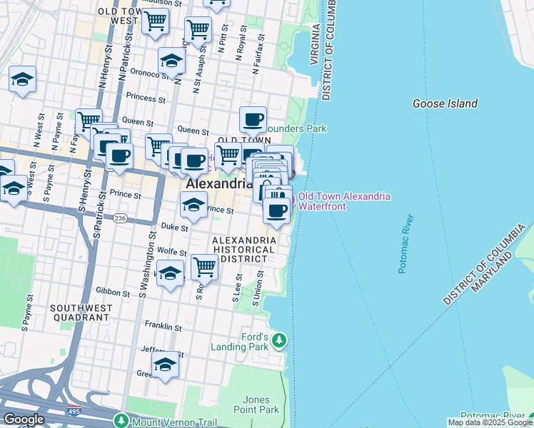 map of restaurants, bars, coffee shops, grocery stores, and more near 103 Prince Street in Alexandria