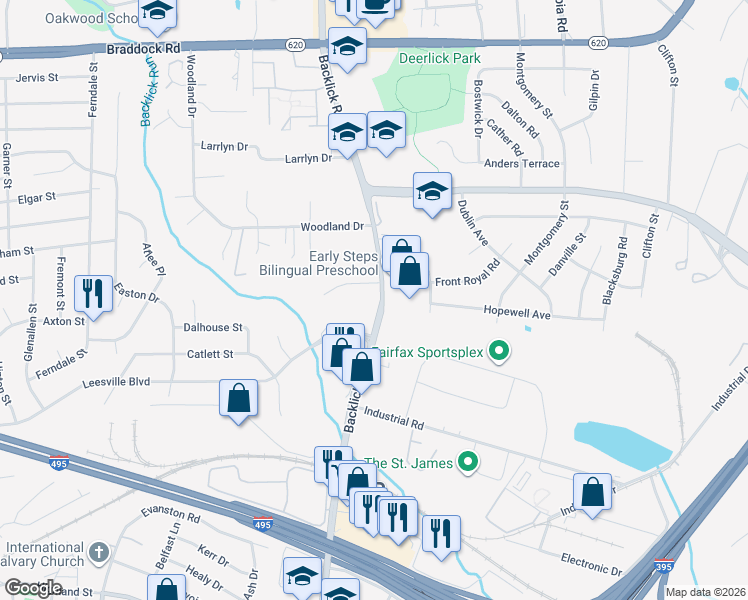 map of restaurants, bars, coffee shops, grocery stores, and more near 7001 Leewood Forest Drive in Springfield