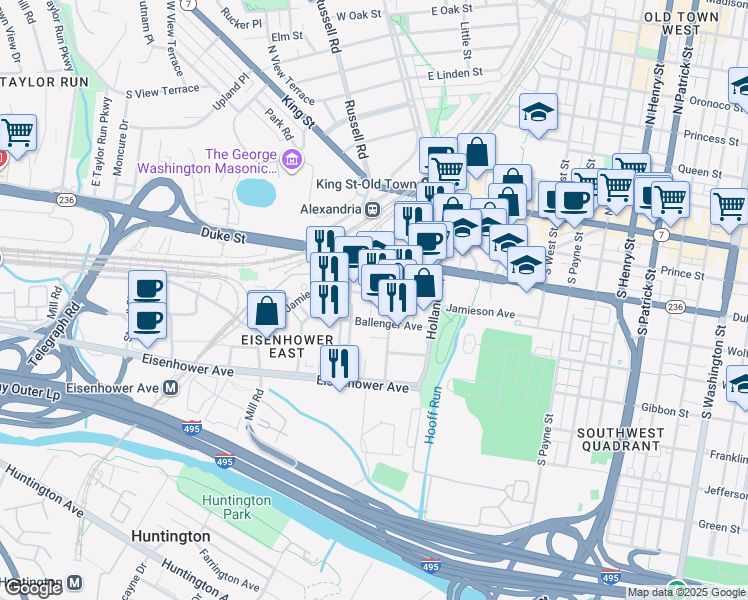 map of restaurants, bars, coffee shops, grocery stores, and more near 1908 Jamieson Avenue in Alexandria