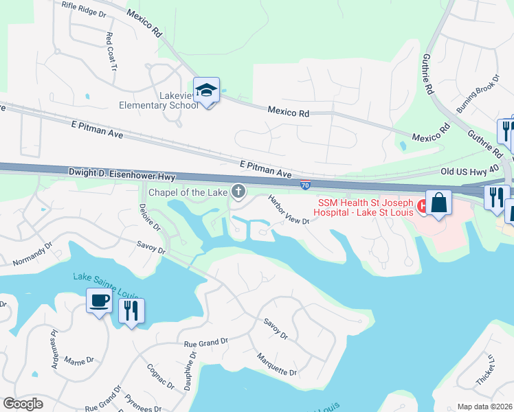 map of restaurants, bars, coffee shops, grocery stores, and more near 18 Harbor View Drive in Lake Saint Louis