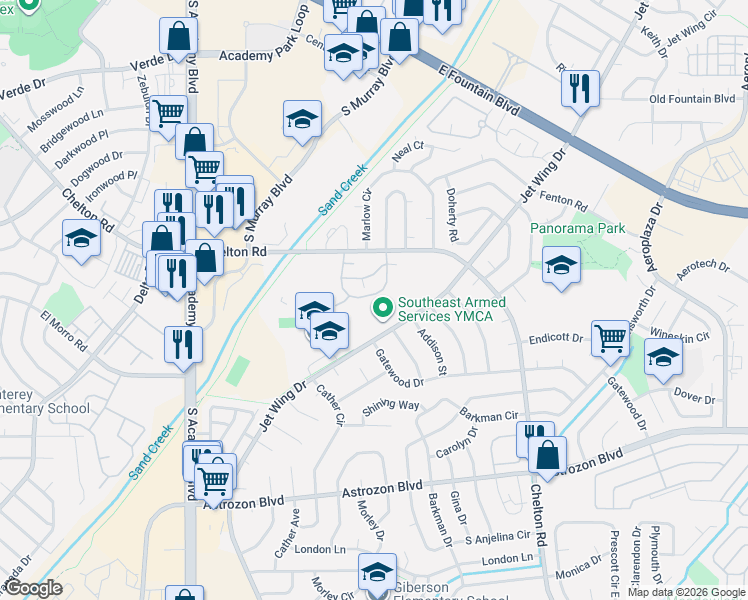 map of restaurants, bars, coffee shops, grocery stores, and more near 4326 Hunting Meadows Circle in Colorado Springs