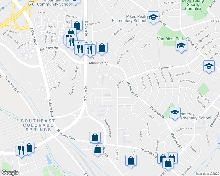 map of restaurants, bars, coffee shops, grocery stores, and more near 2705 Carmel Court in Colorado Springs
