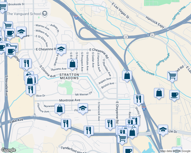 map of restaurants, bars, coffee shops, grocery stores, and more near 1941 South Cedar Avenue in Colorado Springs
