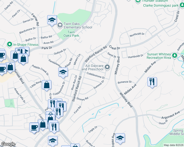 map of restaurants, bars, coffee shops, grocery stores, and more near 3418 Parker Street in Rocklin