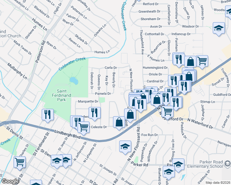 map of restaurants, bars, coffee shops, grocery stores, and more near 1625 Beverly Drive in Florissant