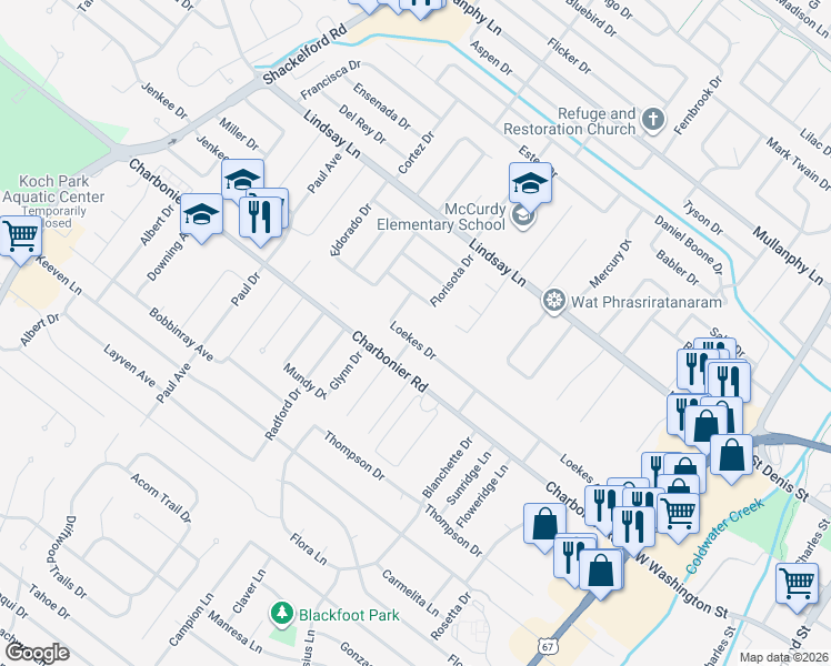 map of restaurants, bars, coffee shops, grocery stores, and more near 20 Cedar Park Drive in Florissant