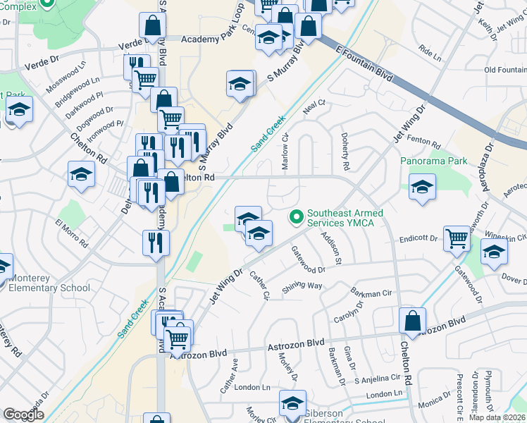 map of restaurants, bars, coffee shops, grocery stores, and more near 4253 Hunting Meadows Circle in Colorado Springs