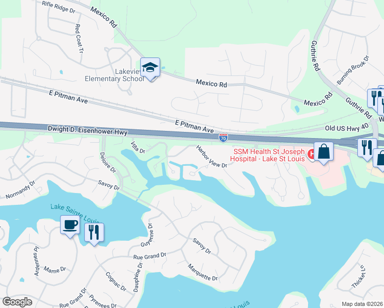 map of restaurants, bars, coffee shops, grocery stores, and more near 18 Harbor View Drive in Lake Saint Louis