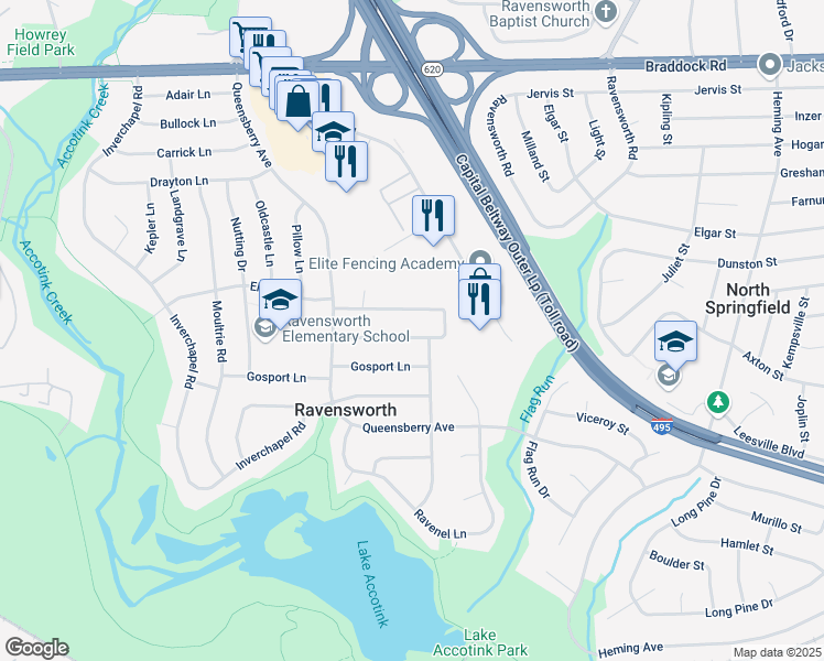 map of restaurants, bars, coffee shops, grocery stores, and more near 7904 Foote Lane in Springfield