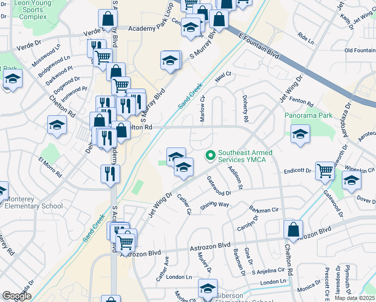 map of restaurants, bars, coffee shops, grocery stores, and more near 4251 Hunting Meadows Circle in Colorado Springs