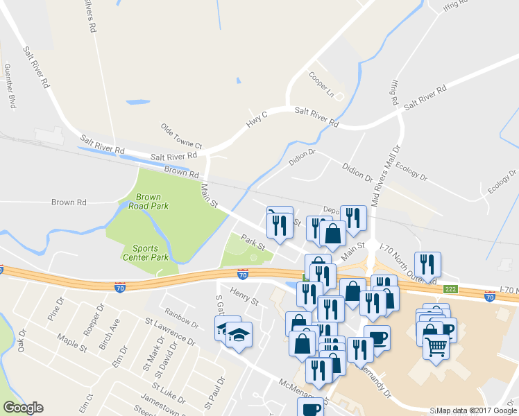 map of restaurants, bars, coffee shops, grocery stores, and more near 10 2nd St in St Peters