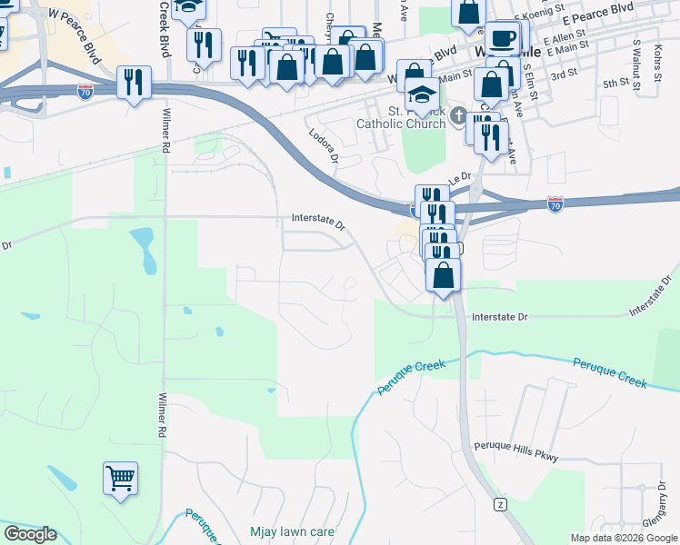 map of restaurants, bars, coffee shops, grocery stores, and more near 23 Ramblewood Court in Wentzville