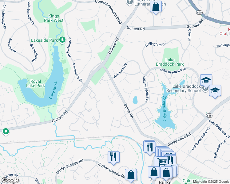 map of restaurants, bars, coffee shops, grocery stores, and more near 5451 Crossrail Drive in Burke