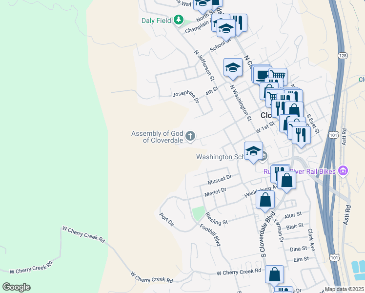 map of restaurants, bars, coffee shops, grocery stores, and more near 585 West 2nd Street in Cloverdale