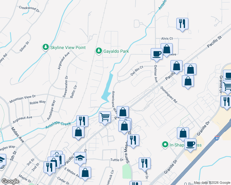map of restaurants, bars, coffee shops, grocery stores, and more near 4244 Americana Way in Rocklin