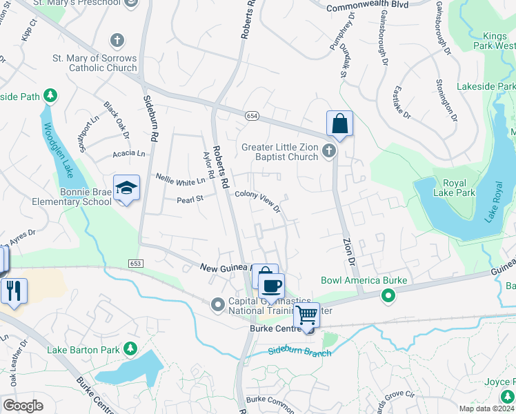 map of restaurants, bars, coffee shops, grocery stores, and more near 5419 New London Park Drive in Fairfax