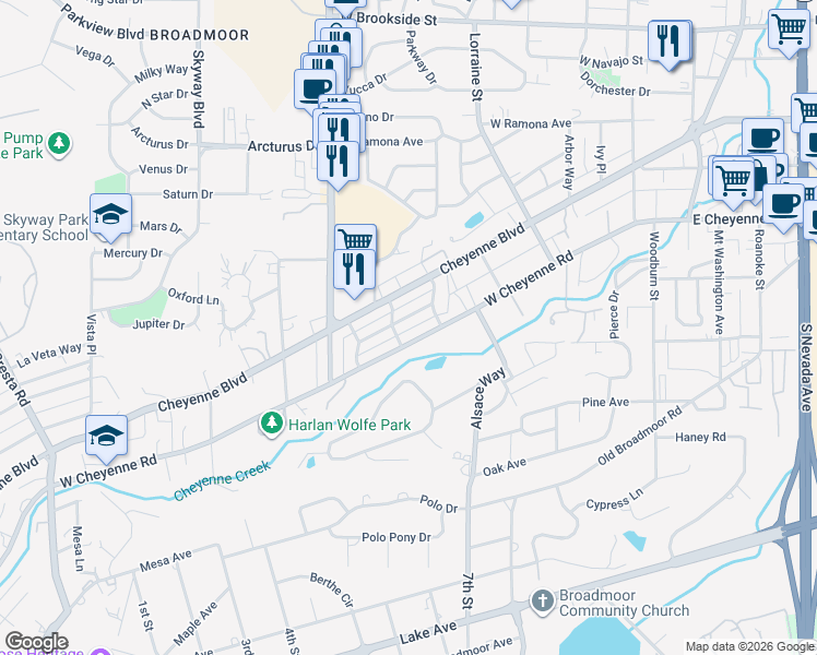 map of restaurants, bars, coffee shops, grocery stores, and more near 525 3 Eagles Avenue in Colorado Springs